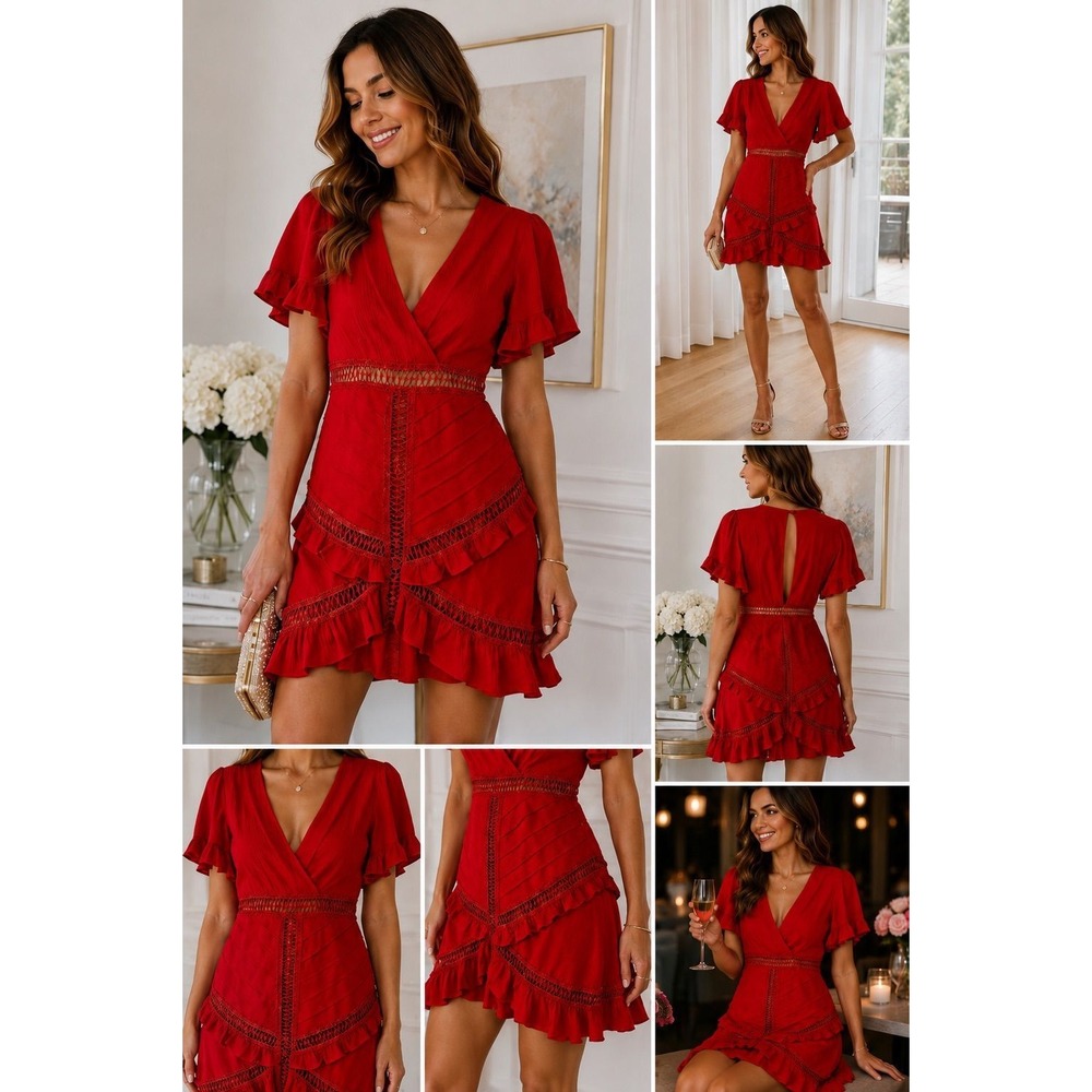 Saints + Secrets Red Ruffle Mini Dress XS Textured Flutter Sleeve Party Dress